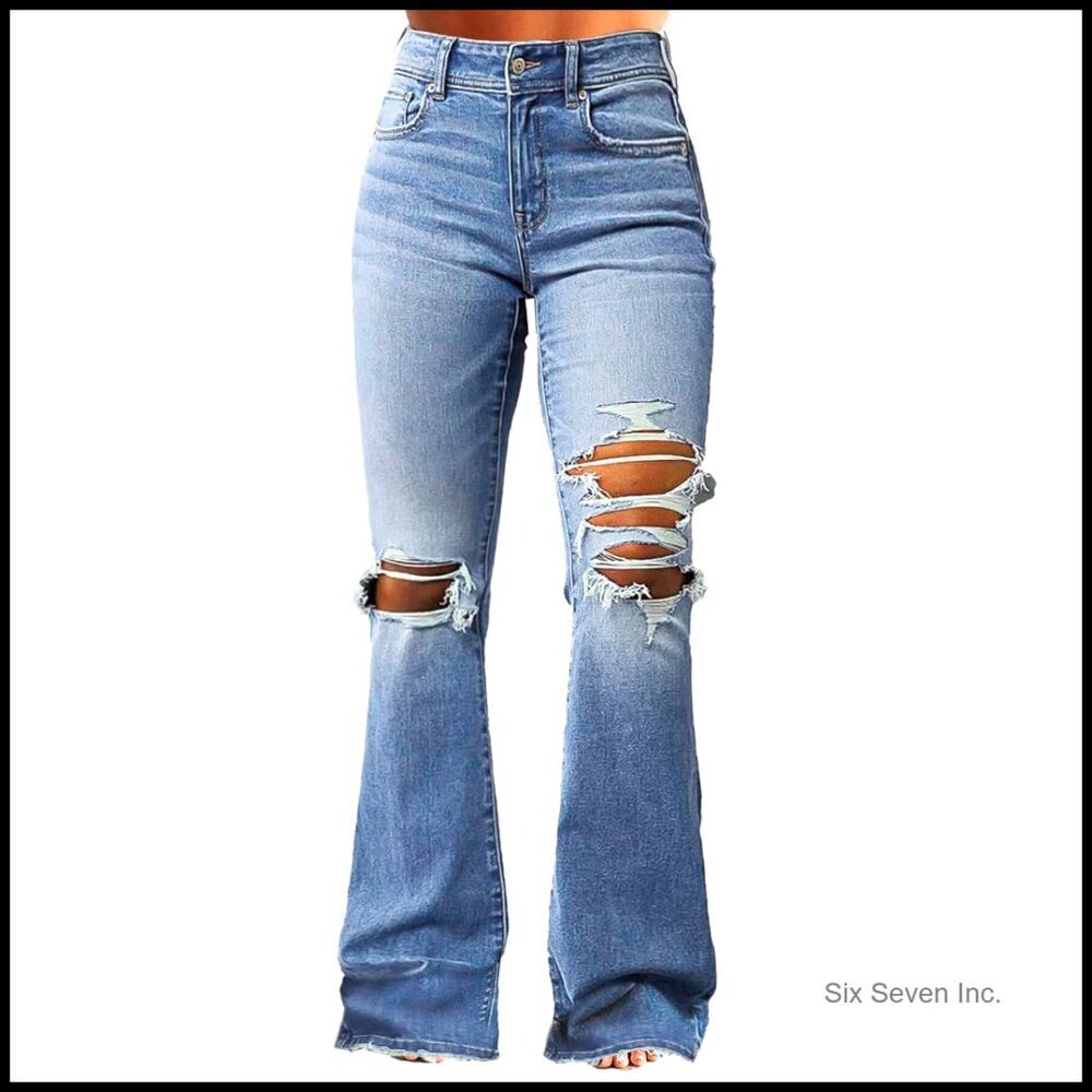 Flared Bell Bottom Jeans Ripped Distressed Stretchy Mid Rise Bootcut Y2K